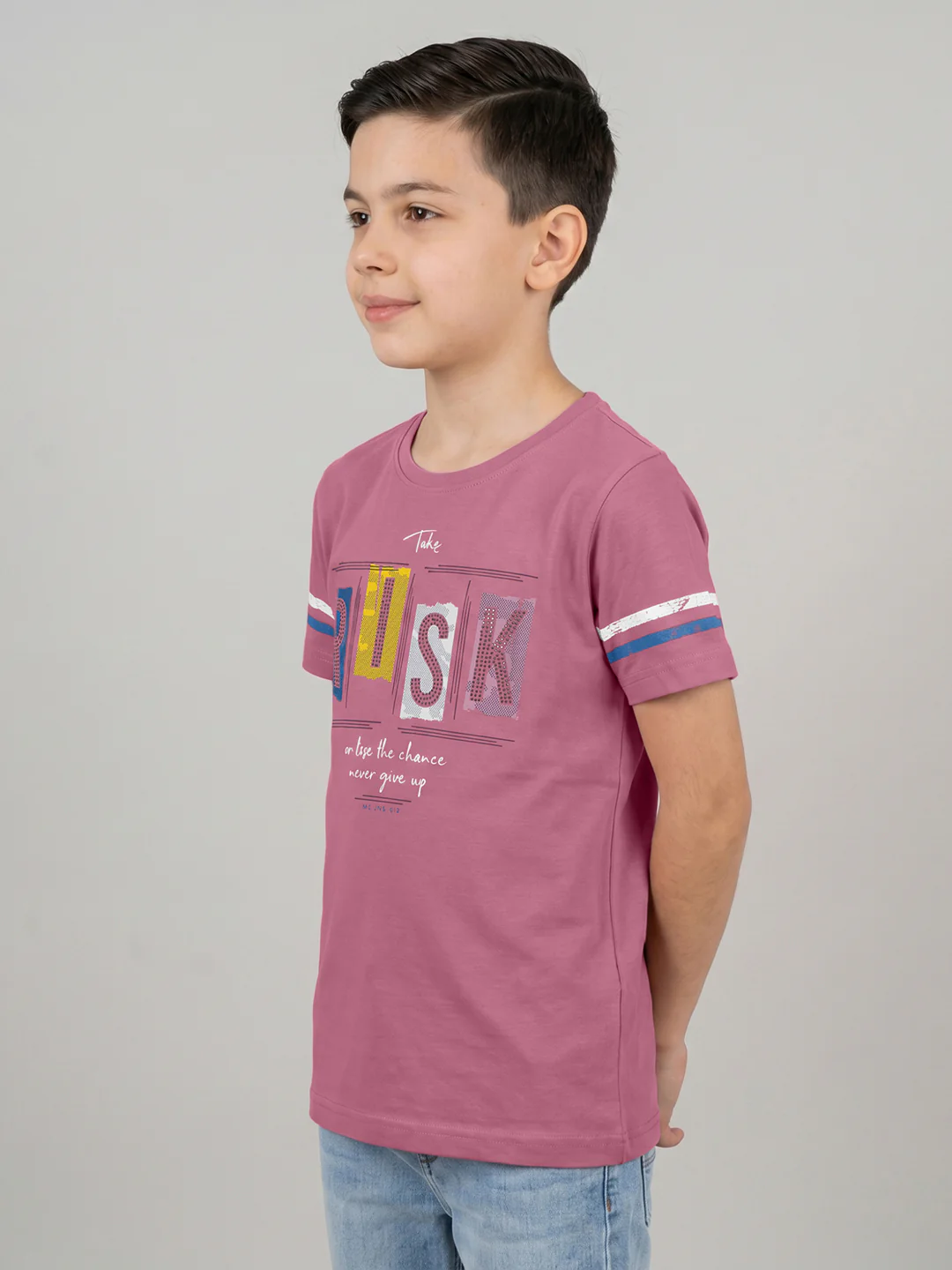 Boys Rose Red Printed Round Neck Half Sleeve T-Shirt - Image 3