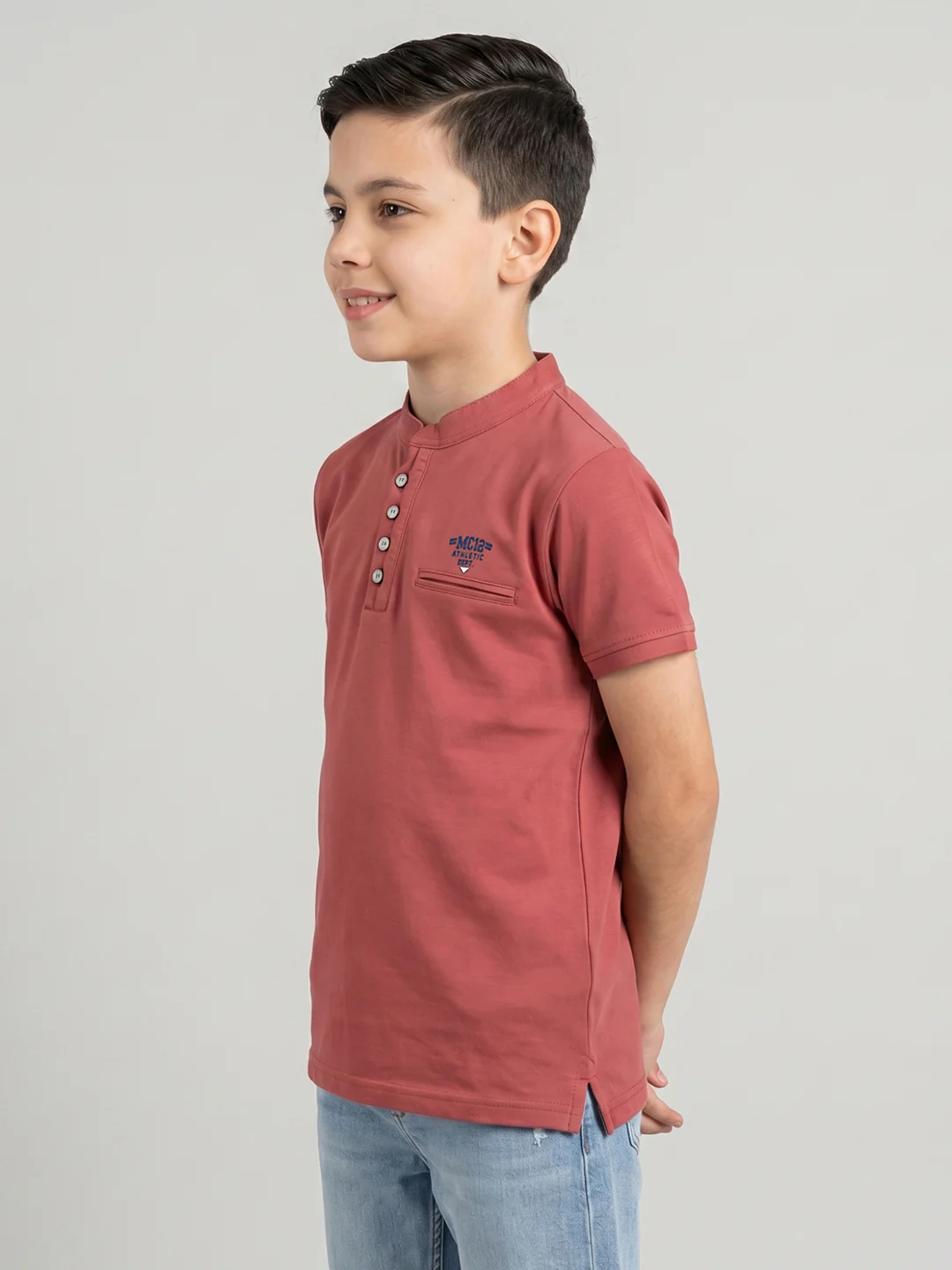 Boys Rose Red Solid Henley Neck Half Sleeve T-Shirt - Image 3
