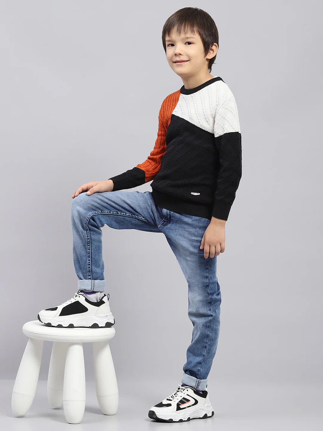 Boys Rust & Black Self Design Round Neck Full Sleeve Pullover - Image 2