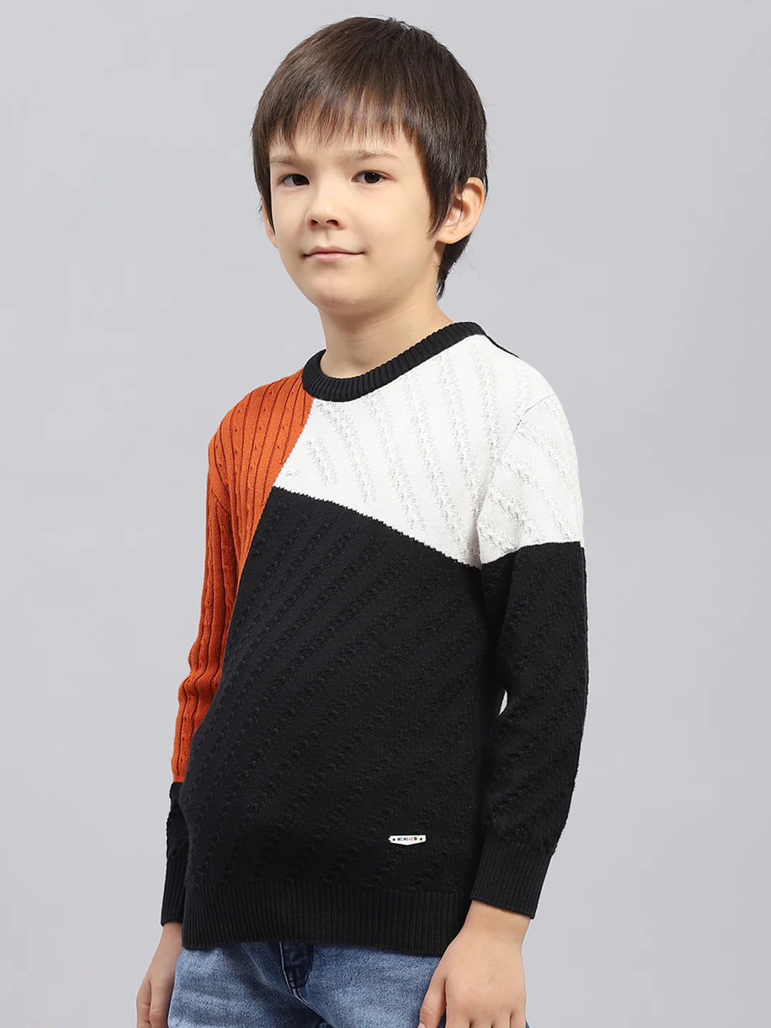 Boys Rust & Black Self Design Round Neck Full Sleeve Pullover - Image 3