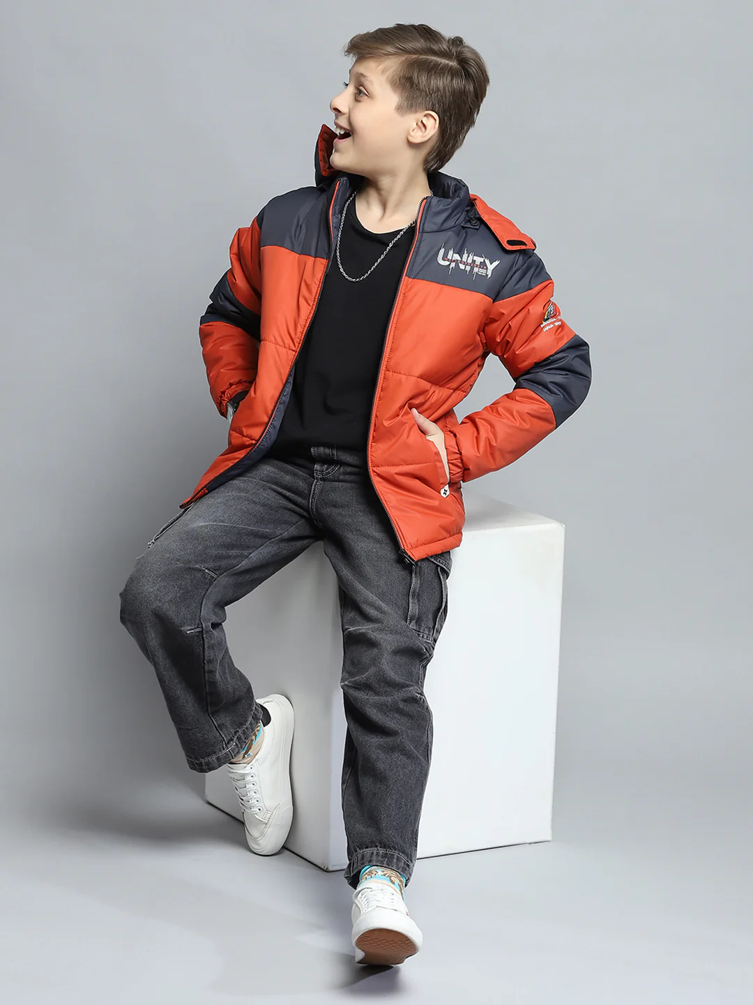 Boys Rust & Navy Blue Printed Detachable Hood Full Sleeve Jacket - Image 2