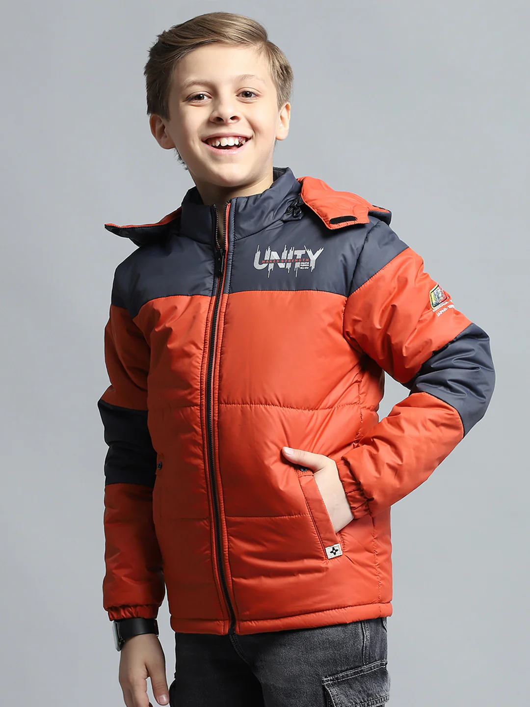 Boys Rust & Navy Blue Printed Detachable Hood Full Sleeve Jacket - Image 3