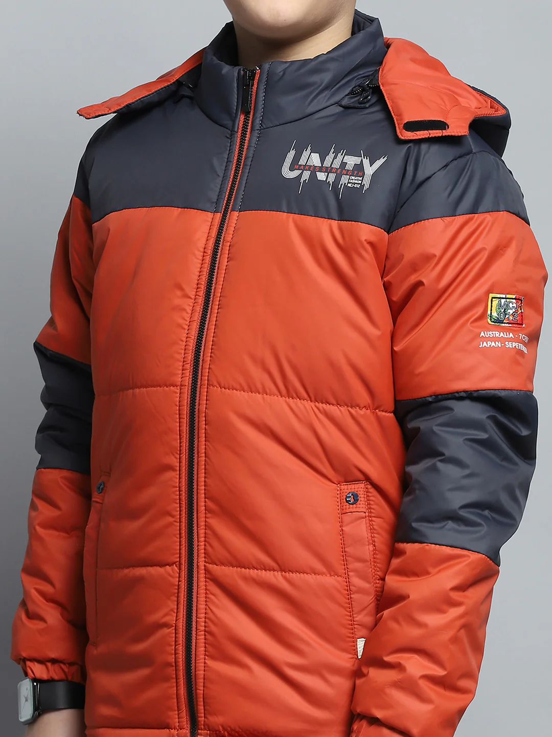 Boys Rust & Navy Blue Printed Detachable Hood Full Sleeve Jacket - Image 6