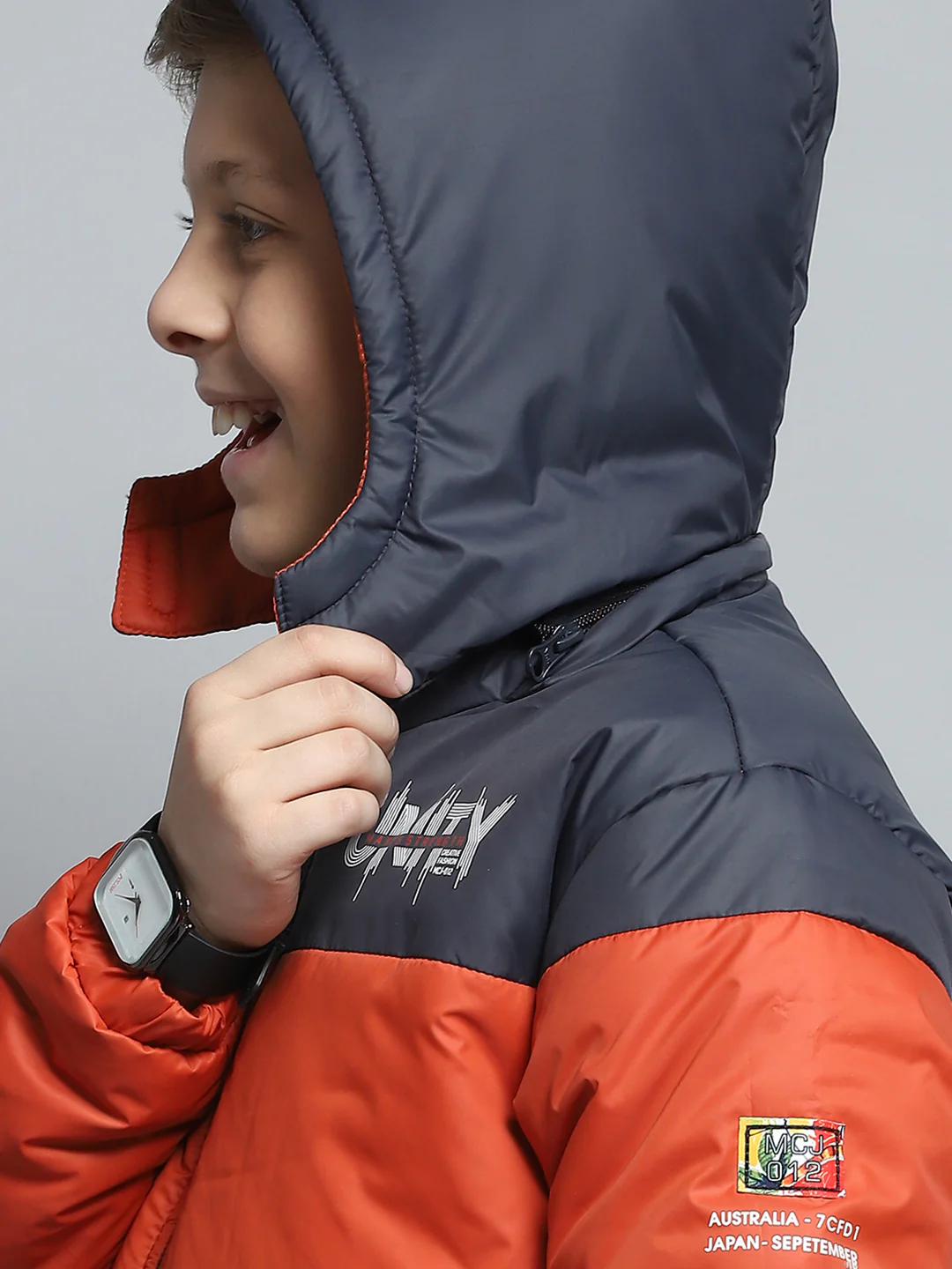 Boys Rust & Navy Blue Printed Detachable Hood Full Sleeve Jacket - Image 7