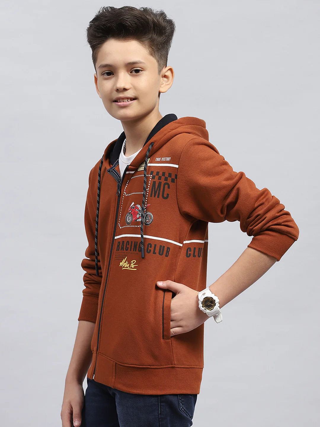 Boys Rust Printed Hooded Full Sleeve Sweatshirt - Image 3