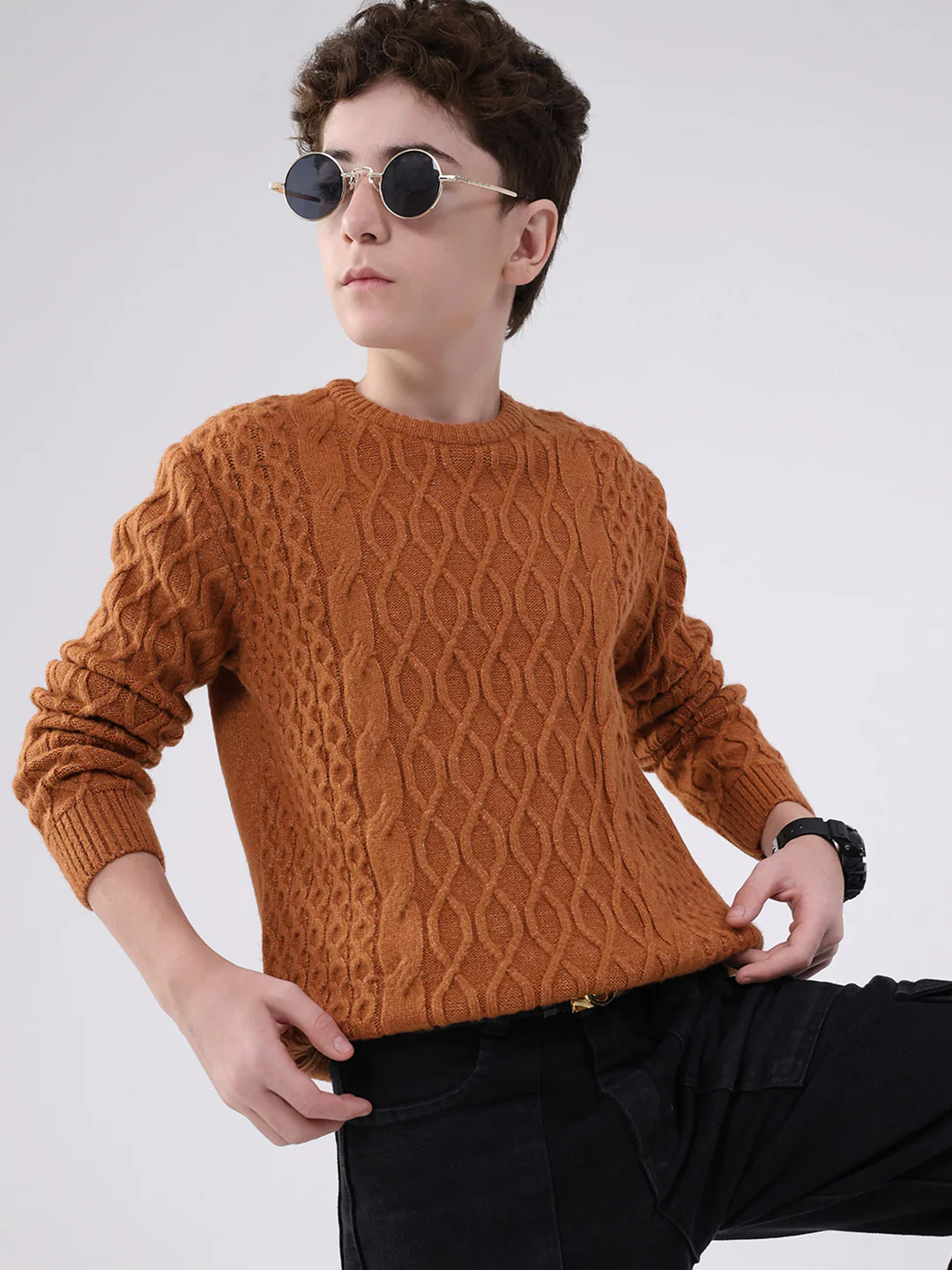 Boys Rust Self Design Round Neck Full Sleeve Pullover - Image 6