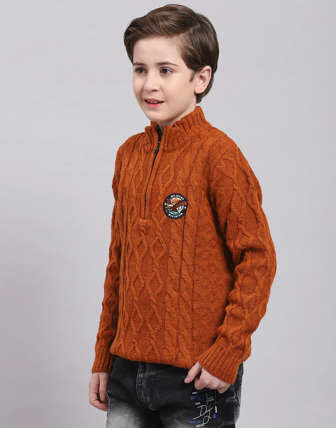 Boys Rust Self Design Round Neck Full Sleeve Sweater - Image 3