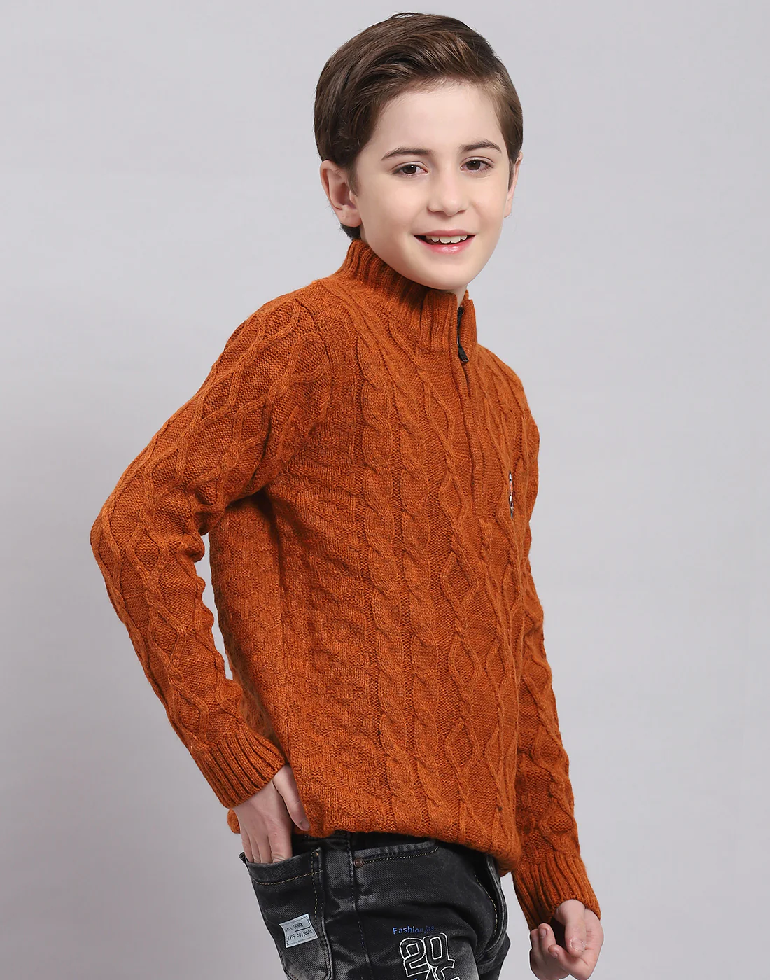 Boys Rust Self Design Round Neck Full Sleeve Sweater - Image 4