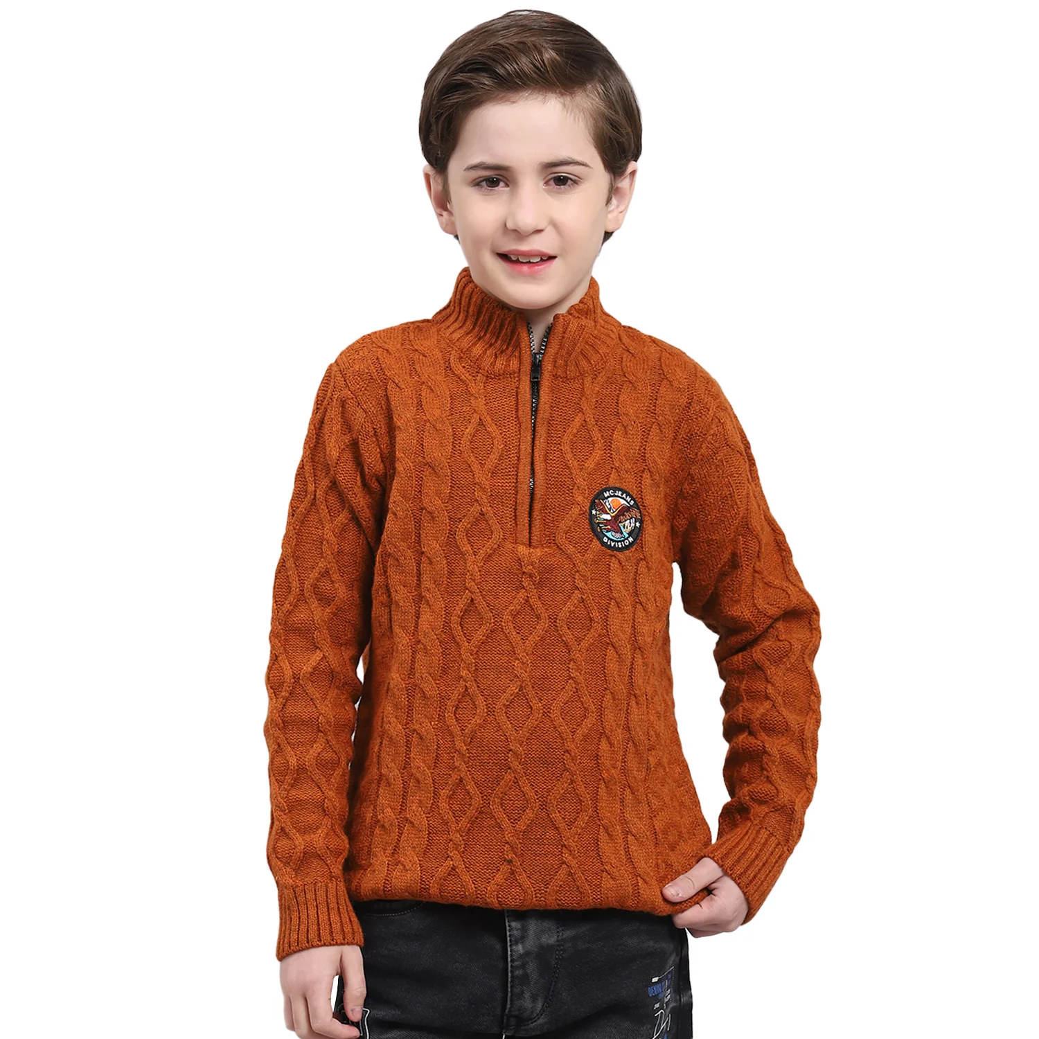 Boys Rust Self Design Round Neck Full Sleeve Sweater - Image 5