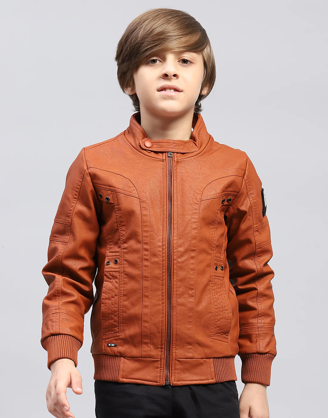Boys Rust Self Design Stand Collar Full Sleeve Jacket - Image 2