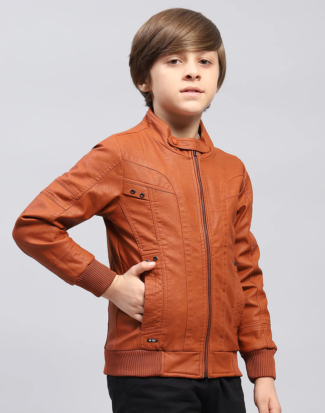 Boys Rust Self Design Stand Collar Full Sleeve Jacket - Image 4