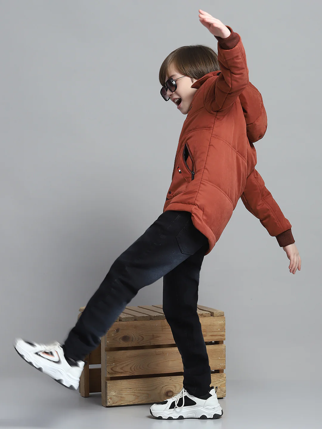 Boys Rust Solid Hooded Full Sleeve Jacket - Image 2