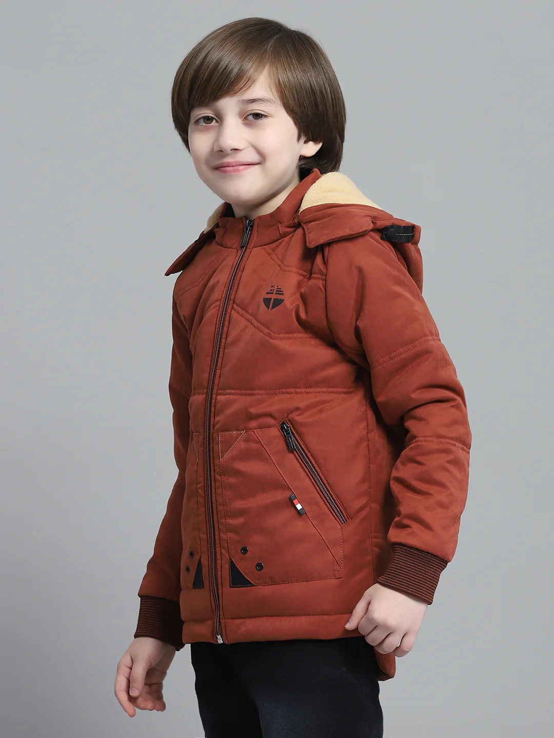 Boys Rust Solid Hooded Full Sleeve Jacket - Image 3