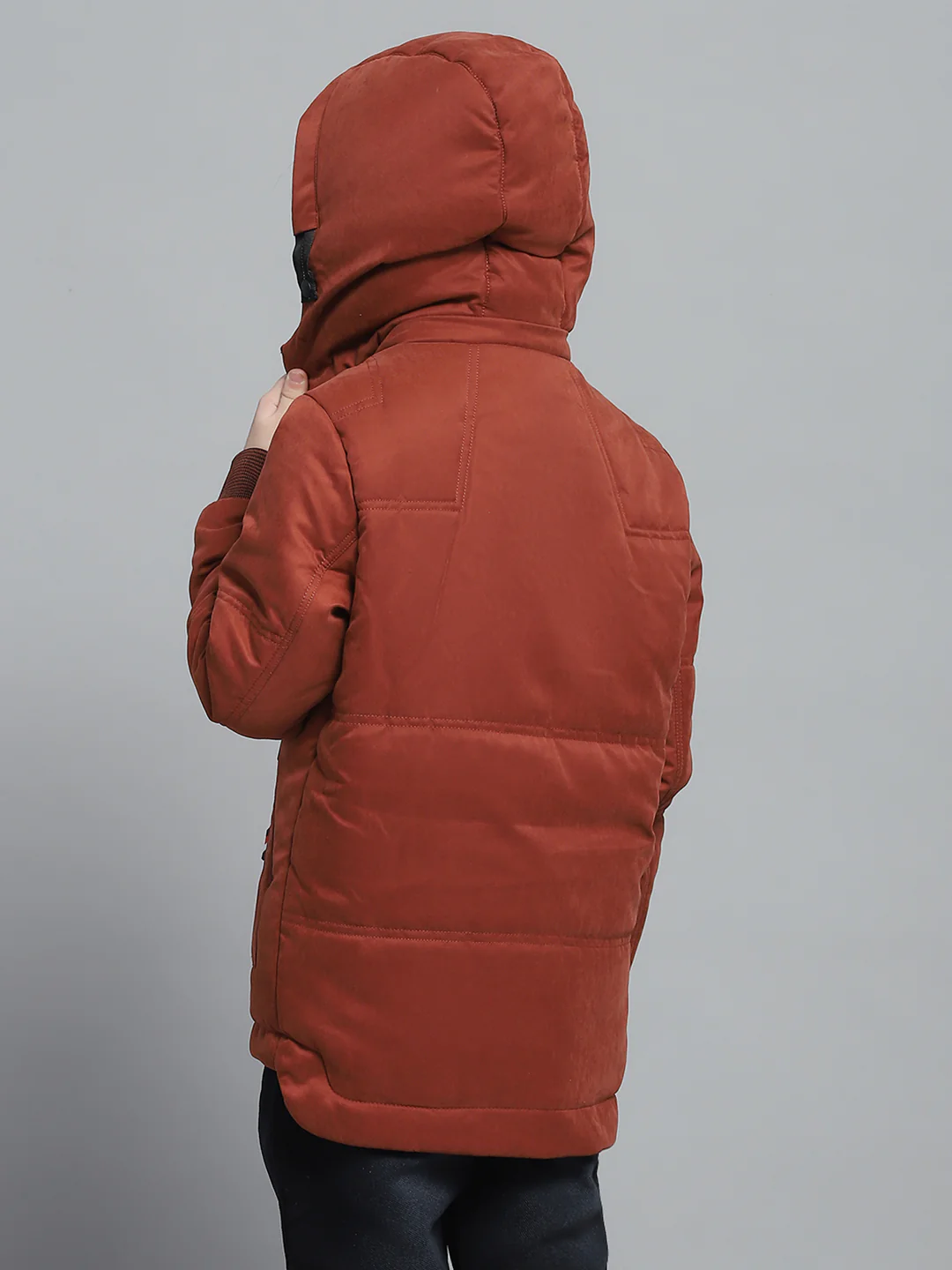 Boys Rust Solid Hooded Full Sleeve Jacket - Image 5