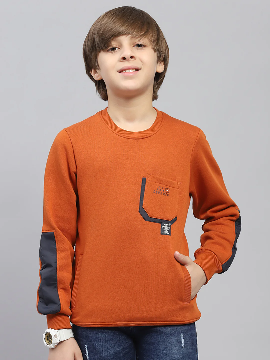 Boys Rust Solid Round Neck Full Sleeve Sweatshirt