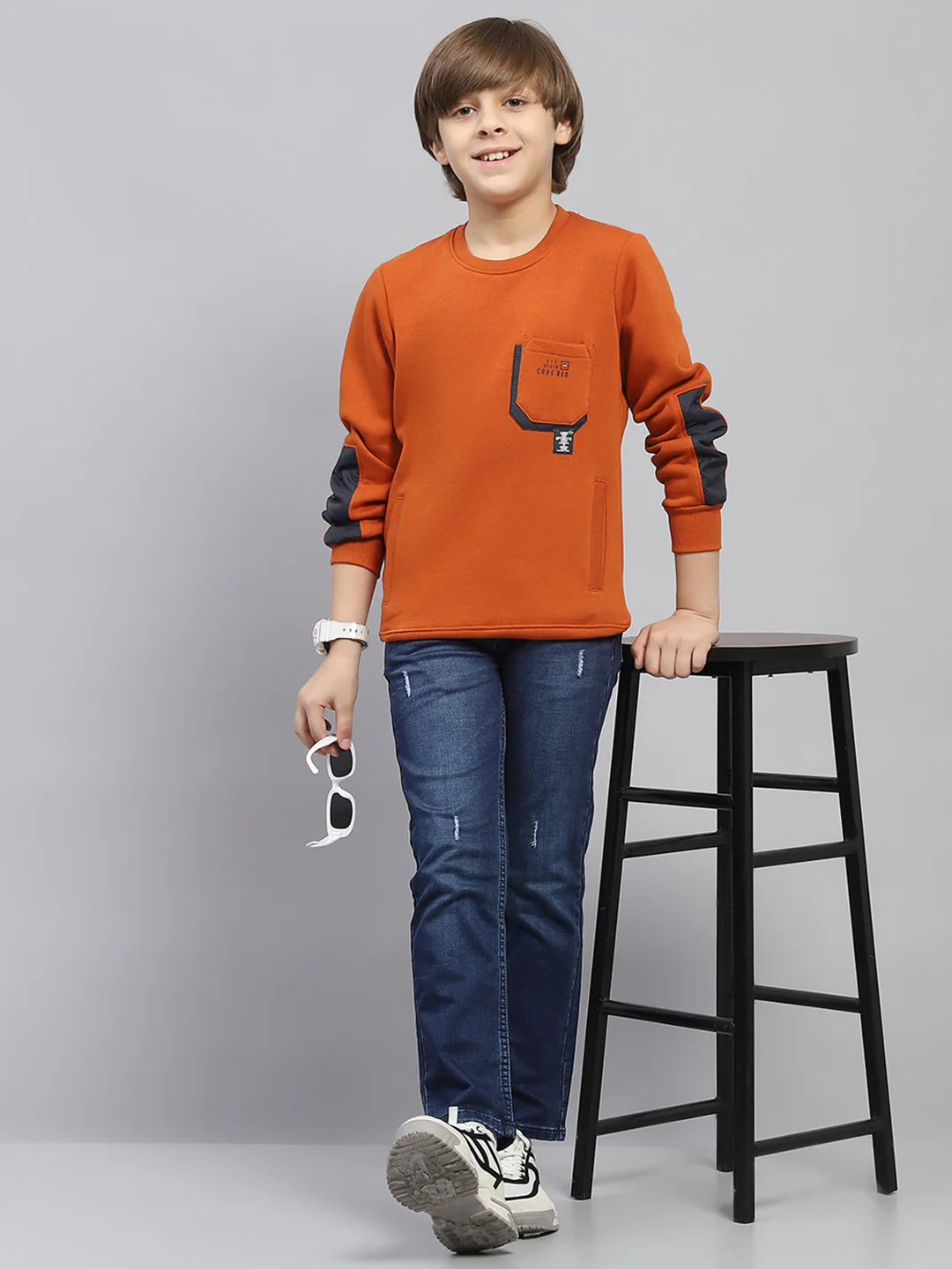 Boys Rust Solid Round Neck Full Sleeve Sweatshirt - Image 2