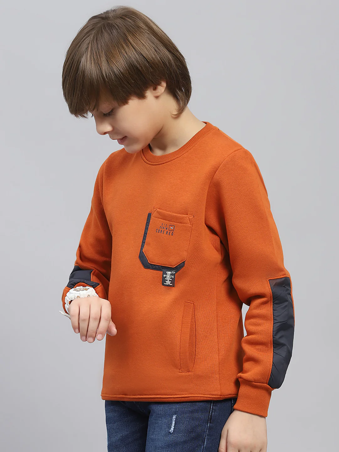 Boys Rust Solid Round Neck Full Sleeve Sweatshirt - Image 3