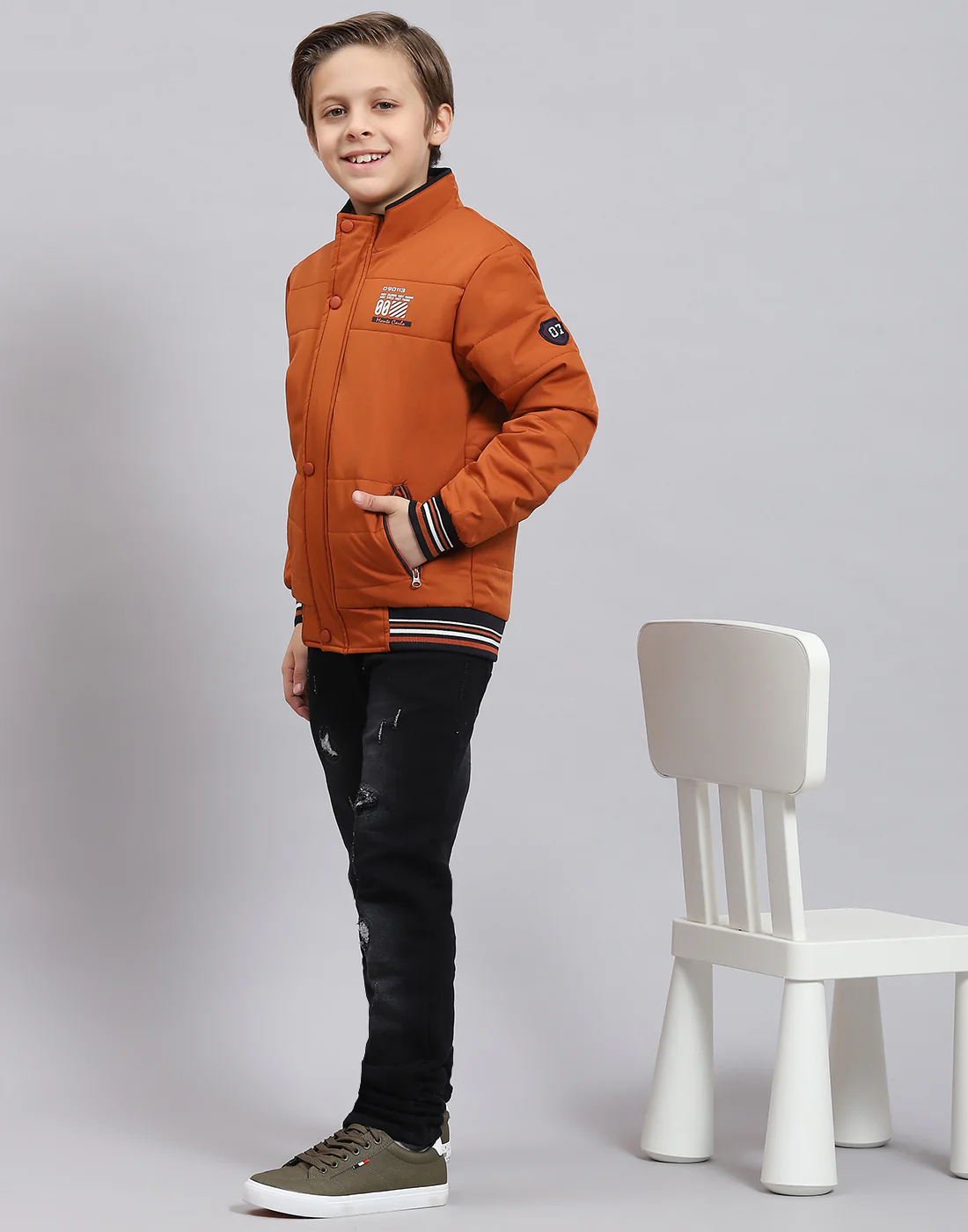 Boys Rust Solid Stand Collar Full Sleeve Boys Jacket - Image 2