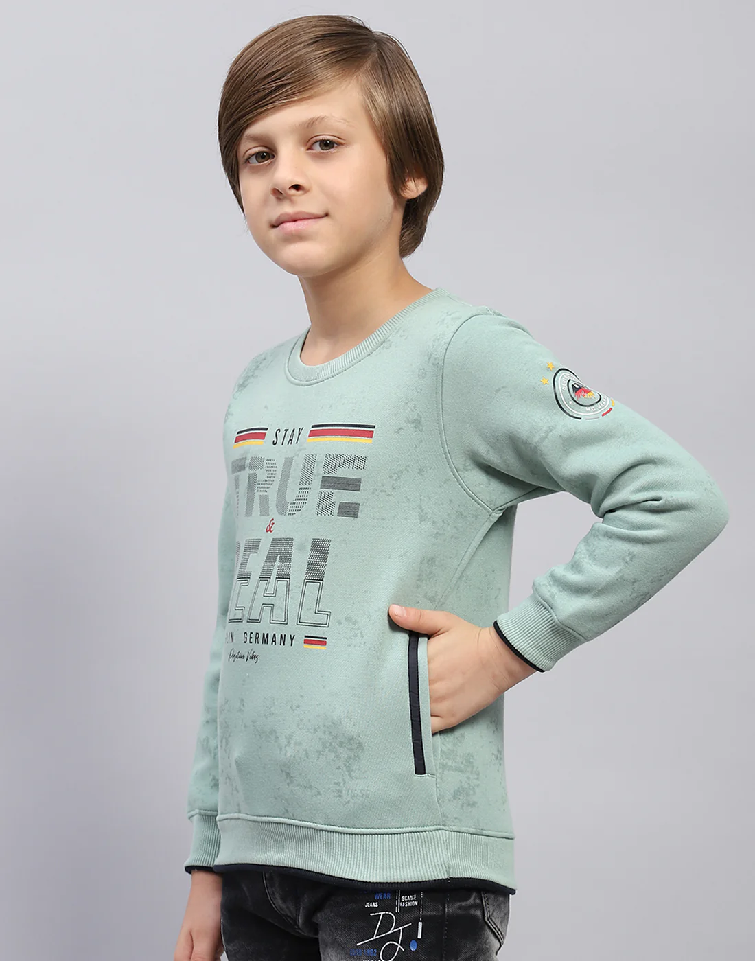 Boys Sea Green Printed Round Neck Full Sleeve Sweatshirt - Image 3
