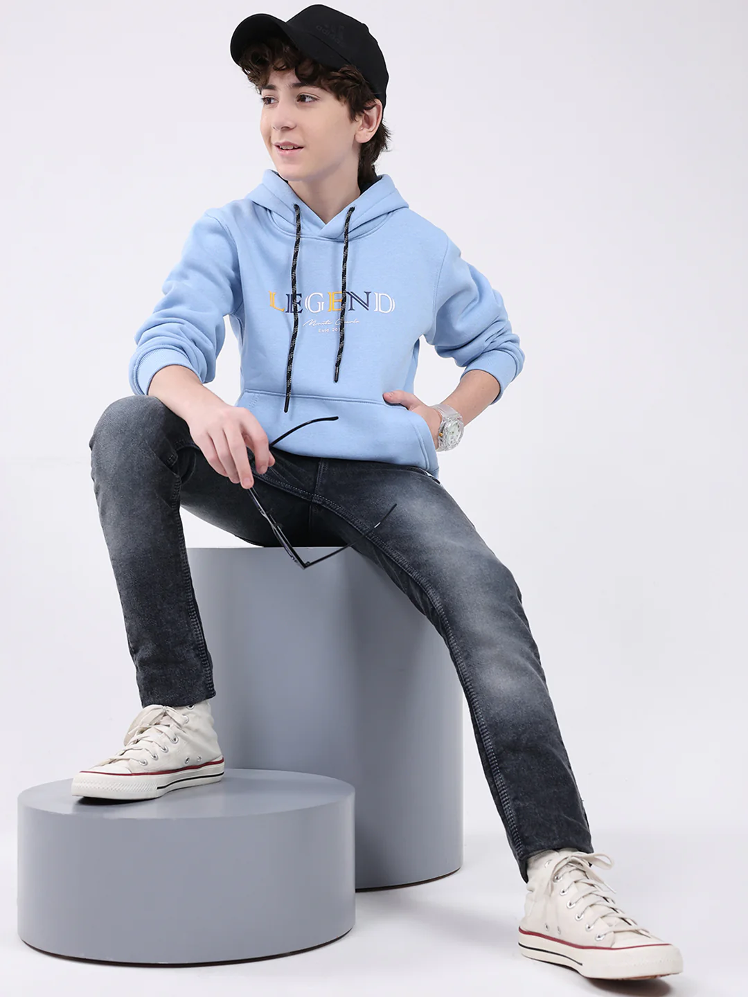 Boys Sky Blue Printed Hooded Full Sleeve Sweatshirt - Image 2