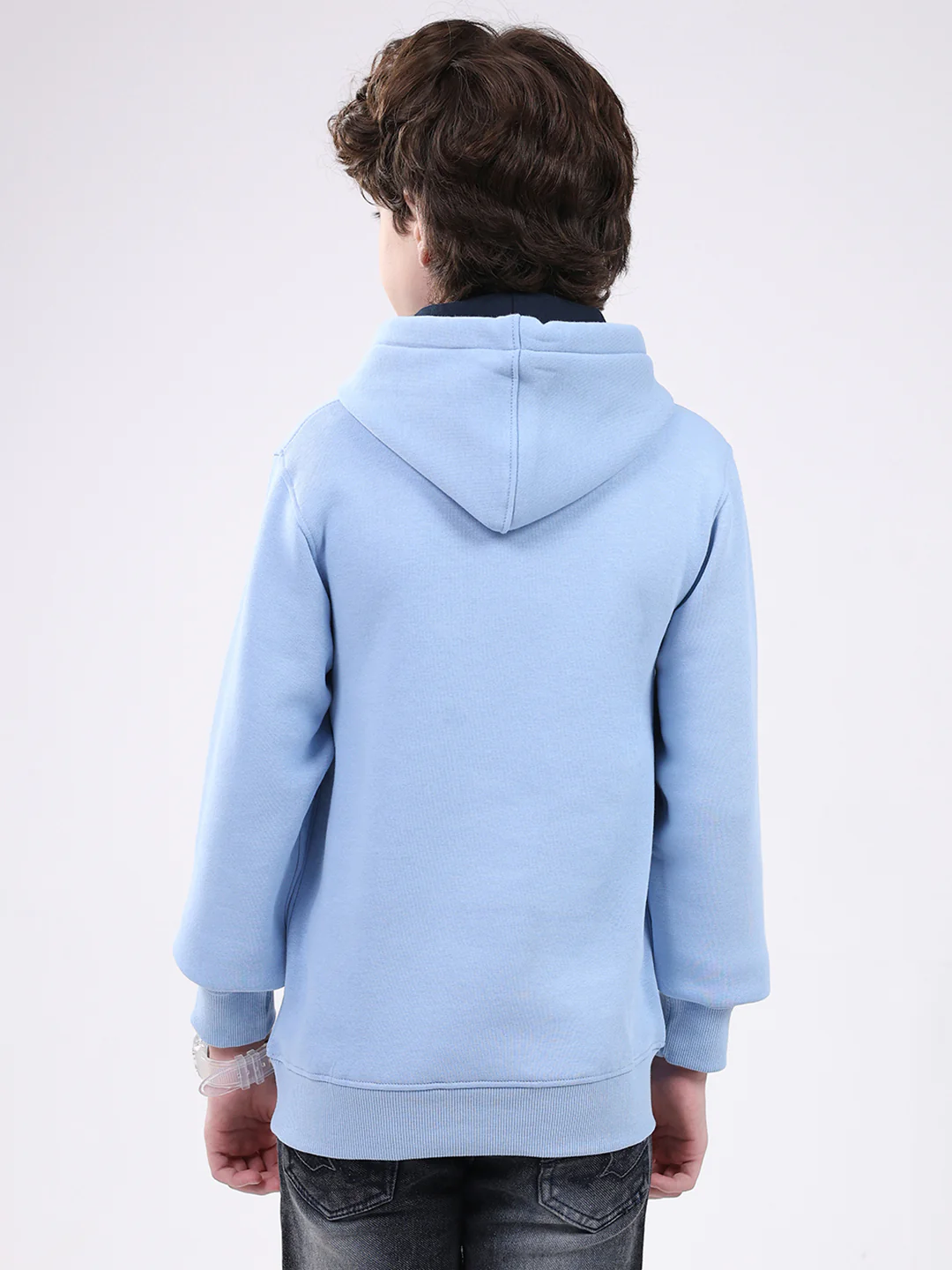 Boys Sky Blue Printed Hooded Full Sleeve Sweatshirt - Image 5
