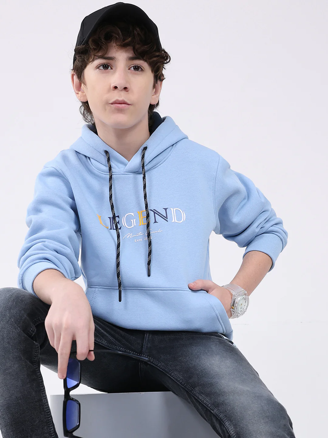 Boys Sky Blue Printed Hooded Full Sleeve Sweatshirt - Image 6