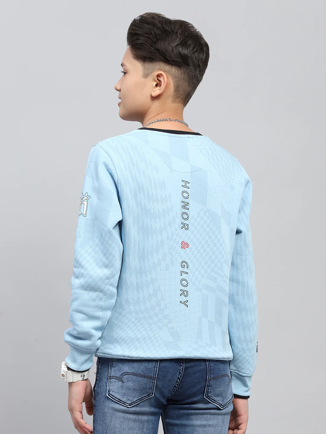Boys Sky Blue Printed Round Neck Full Sleeve Sweatshirt - Image 5
