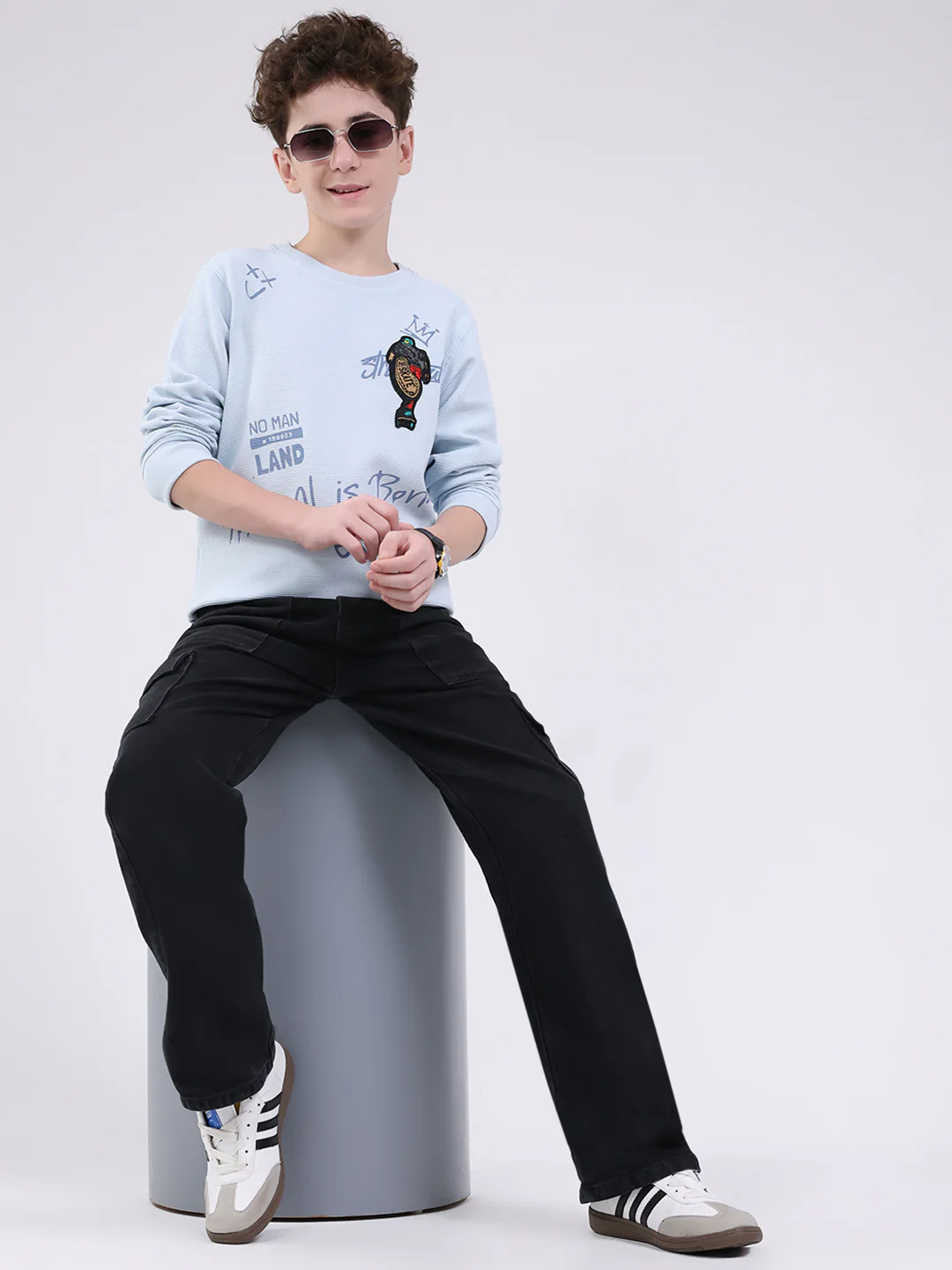 Boys Sky Blue Printed Round Neck Full Sleeve Sweatshirt - Image 2