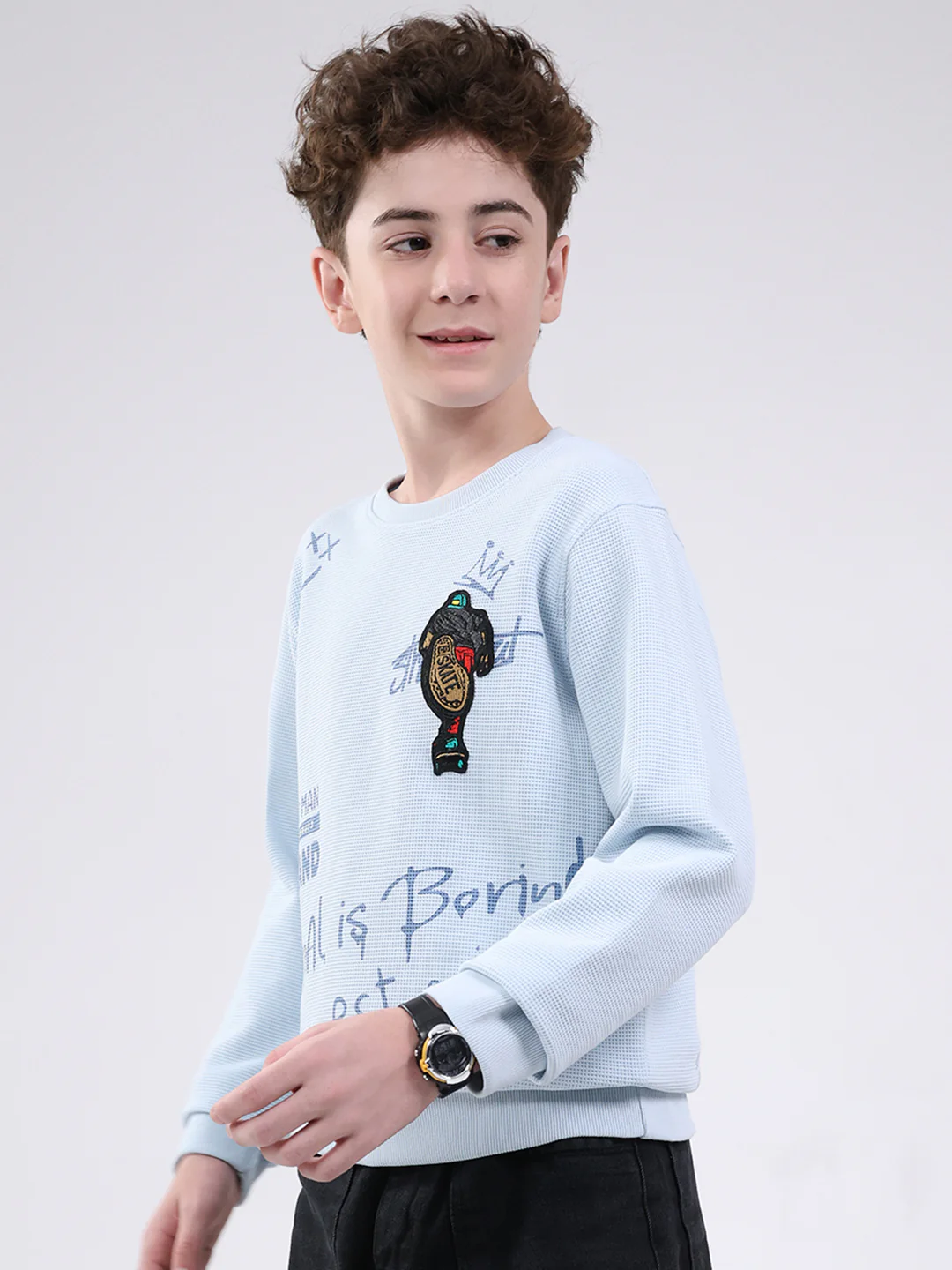 Boys Sky Blue Printed Round Neck Full Sleeve Sweatshirt - Image 3