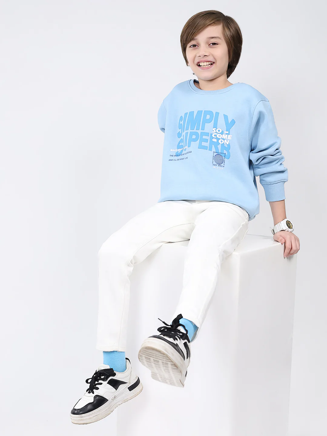 Boys Sky Blue Printed Round Neck Full Sleeve Sweatshirt - Image 2