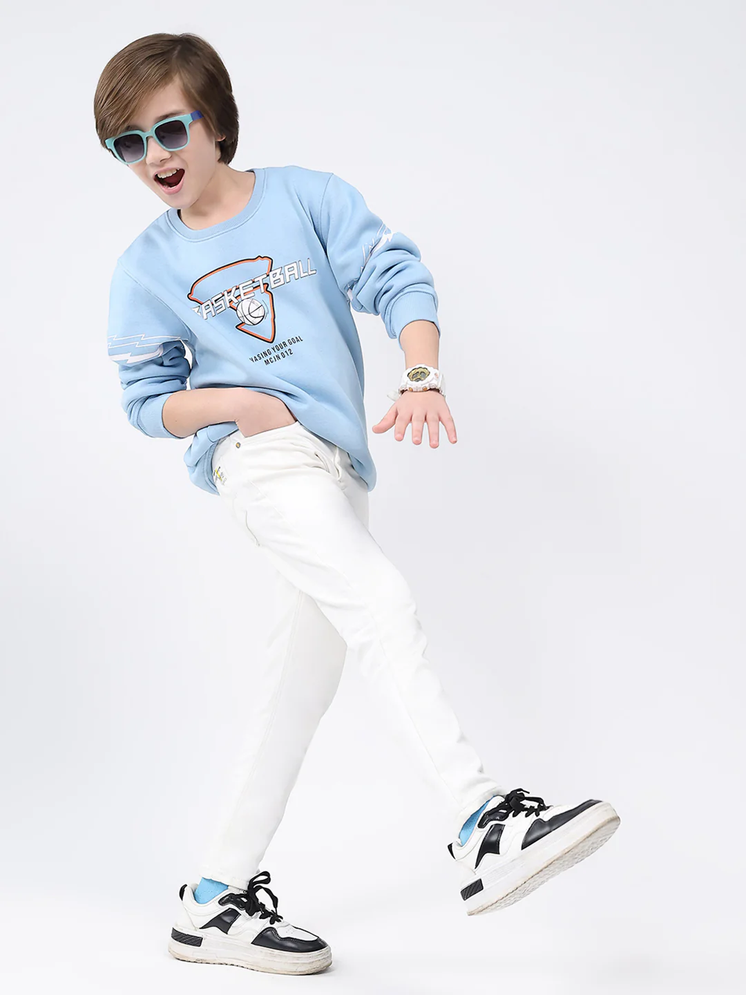 Boys Sky Blue Printed Round Neck Full Sleeve Sweatshirt - Image 2