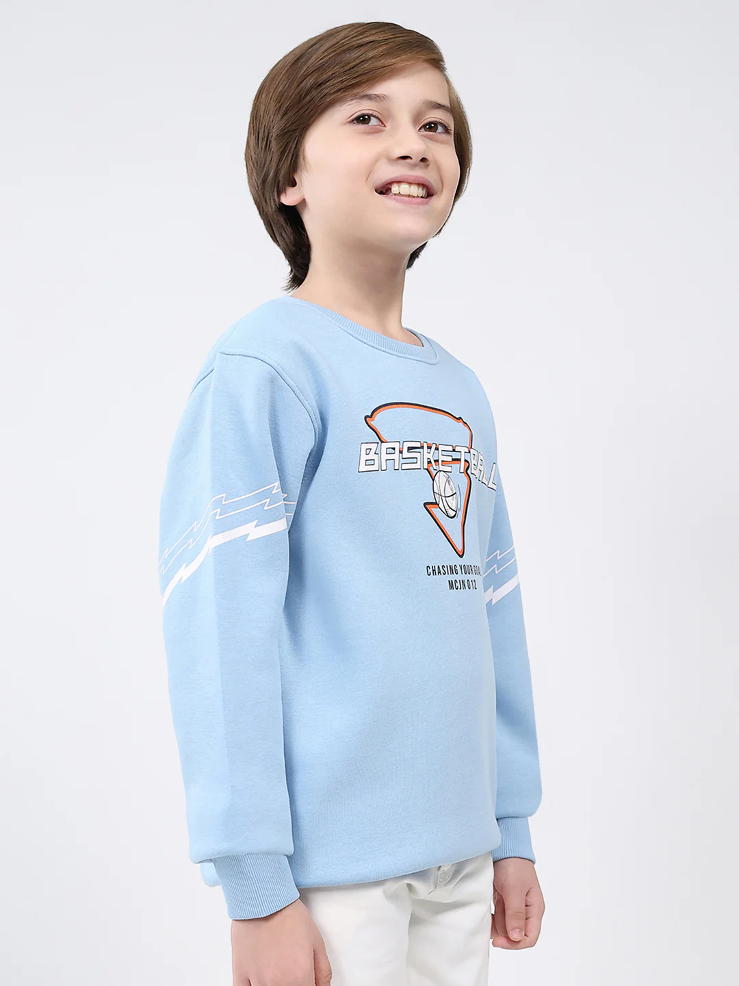 Boys Sky Blue Printed Round Neck Full Sleeve Sweatshirt - Image 4