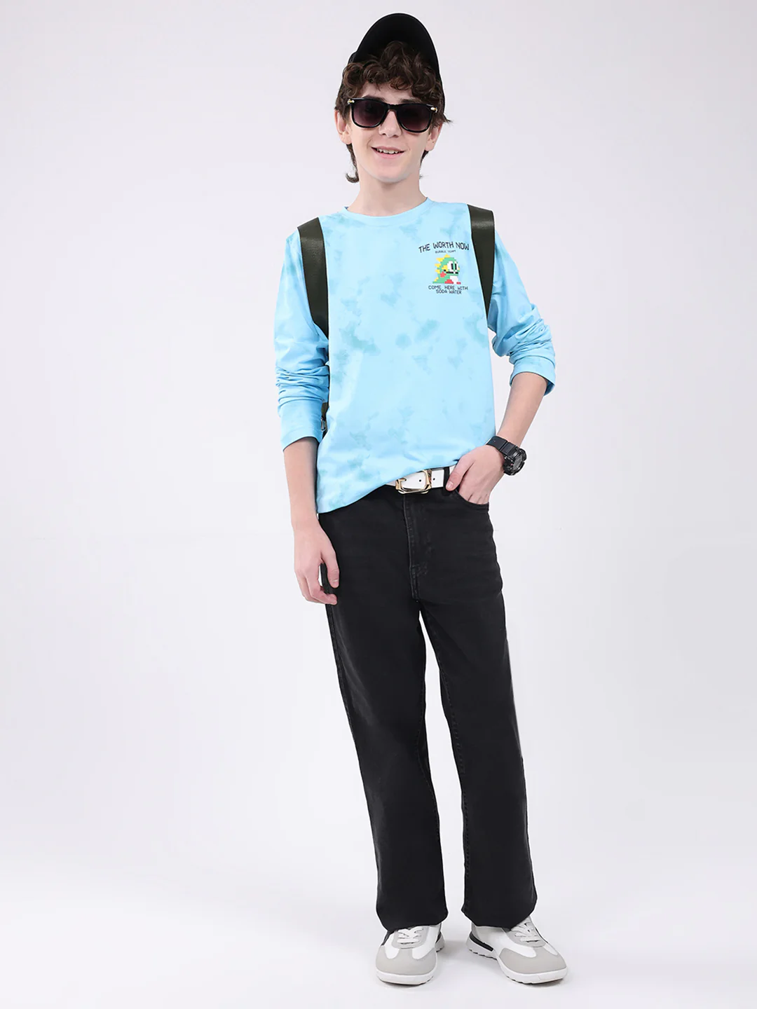 Boys Sky Blue Printed Round Neck Full Sleeve Winter T-Shirt - Image 2