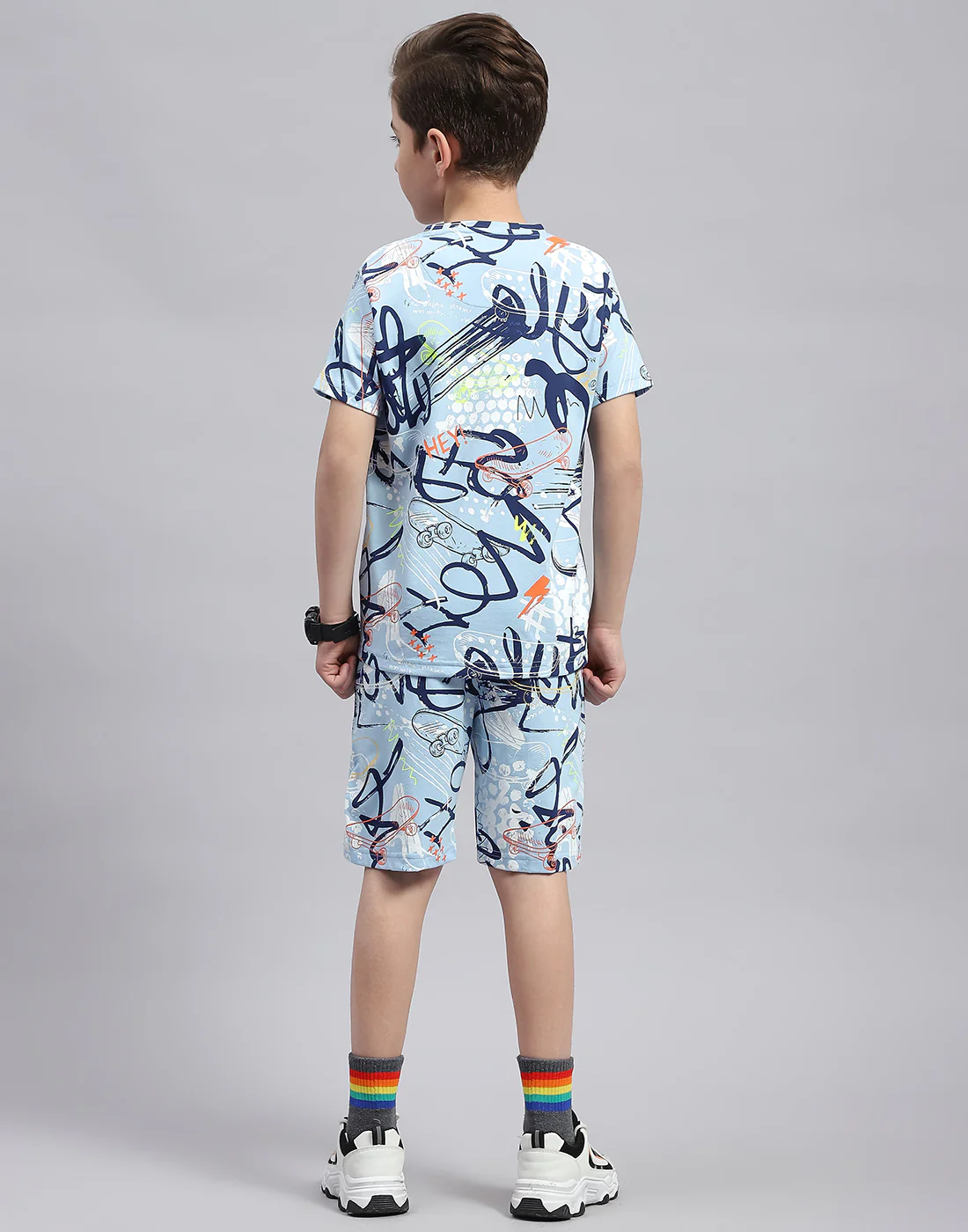 Boys Sky Blue Printed Round Neck Half Sleeve Bermuda Set - Image 5