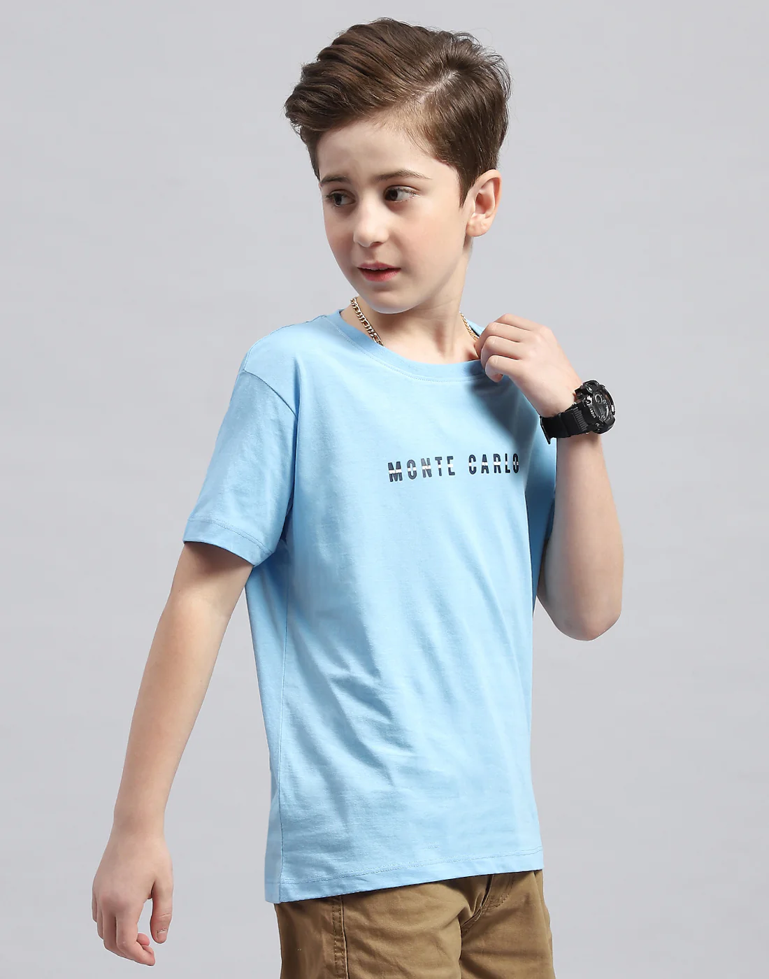 Boys Sky Blue Printed Round Neck Half Sleeve T-Shirt - Image 4