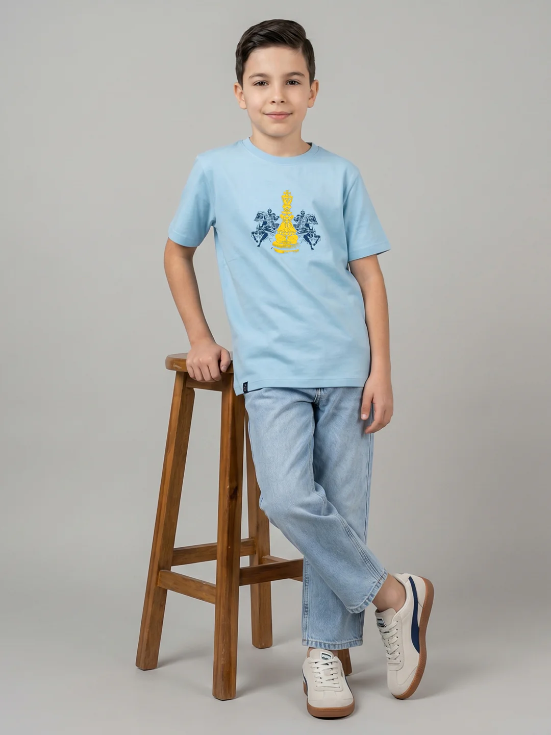 Boys Sky Blue Printed Round Neck Half Sleeve T-Shirt - Image 5