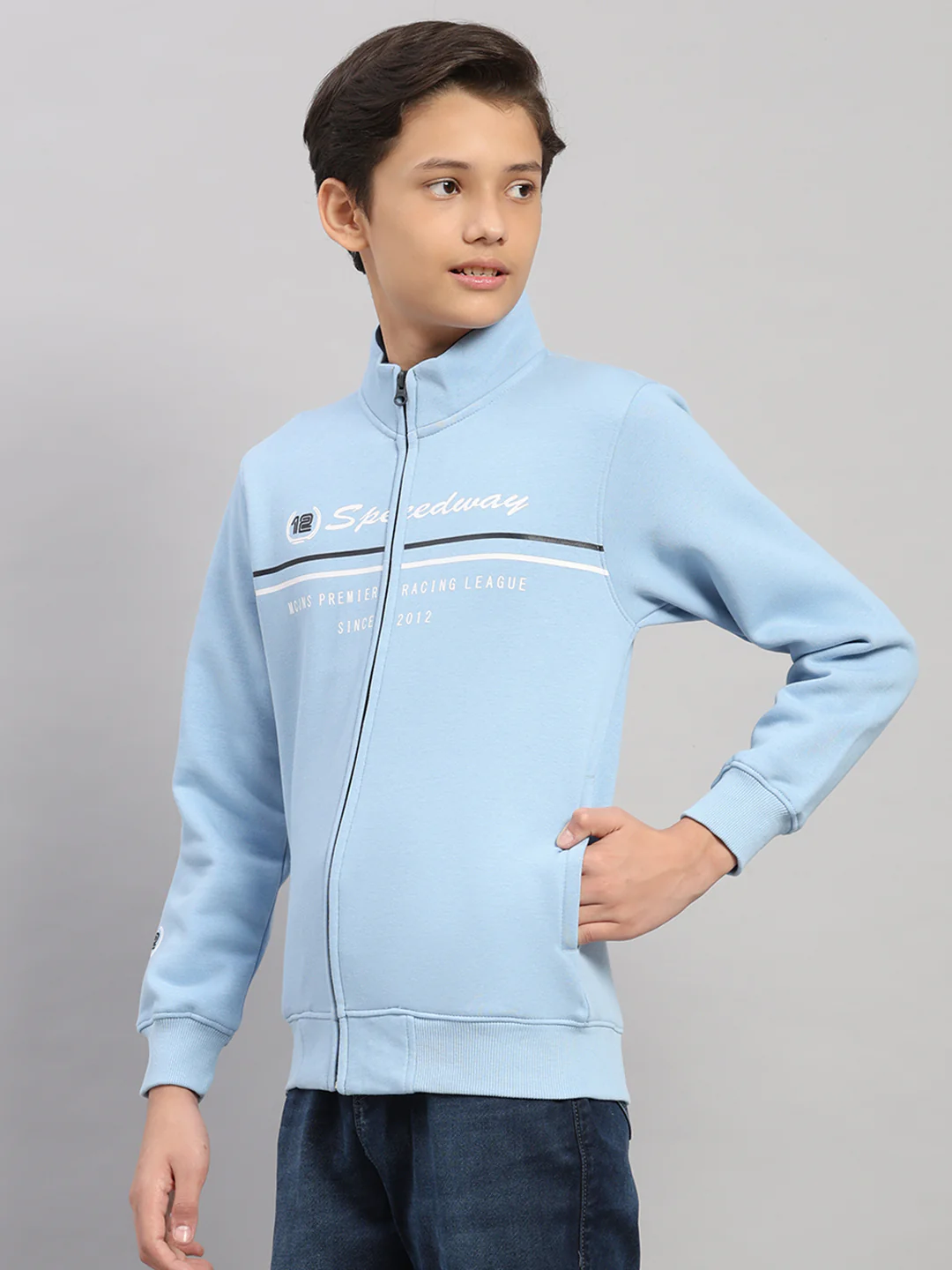 Boys Sky Blue Printed Turtle Neck Full Sleeve Sweatshirt - Image 3