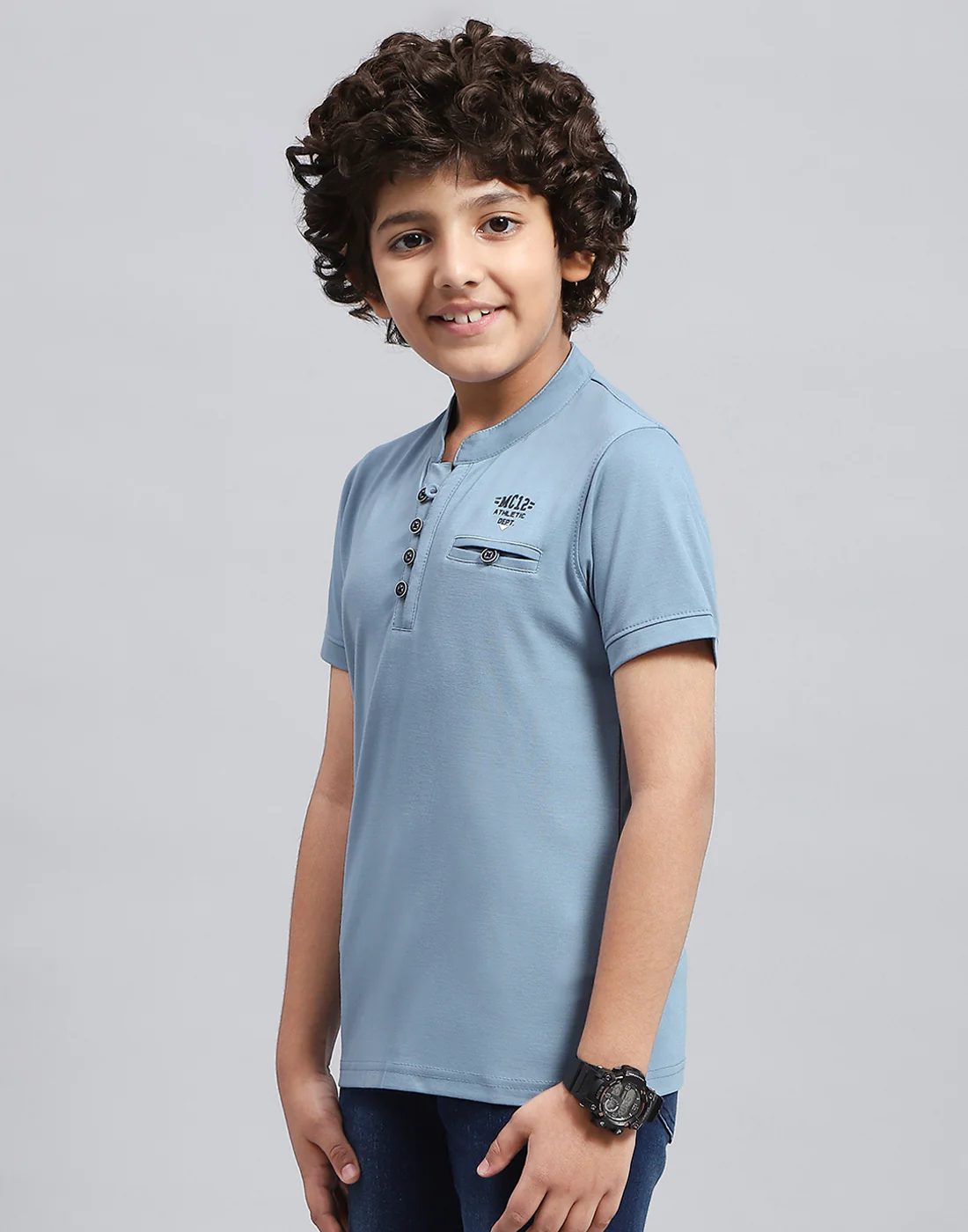 Boys Sky Blue Solid Mandarin Neck Half Sleeve T-Shirt - Image 3