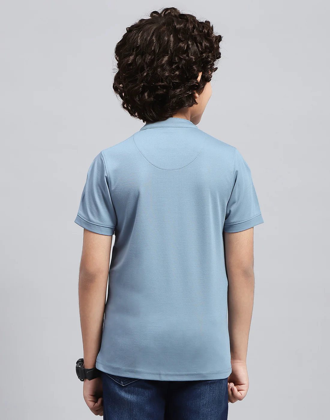 Boys Sky Blue Solid Mandarin Neck Half Sleeve T-Shirt - Image 5