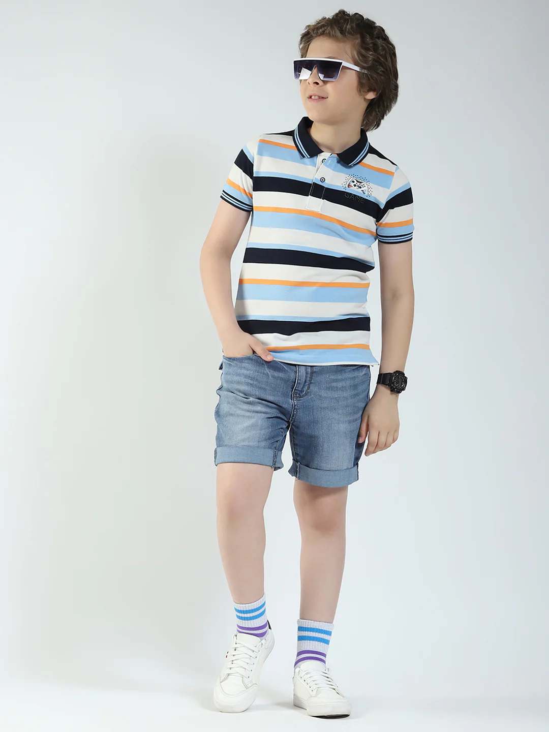 Boys Sky Blue Stripe Collar Half Sleeve T-Shirt - Image 2