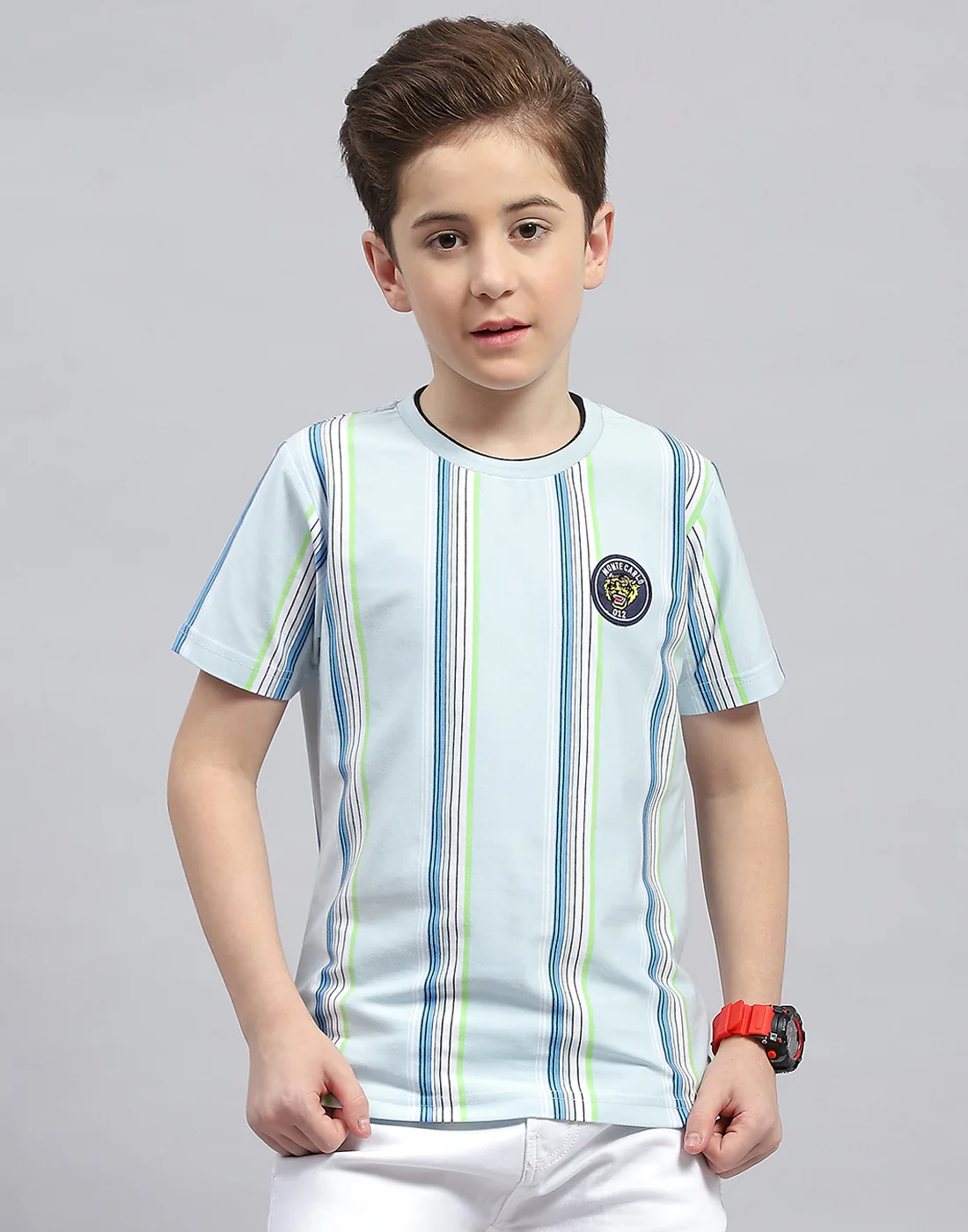 Boys Sky Blue Stripe Round Neck Half Sleeve T-Shirt - Image 2