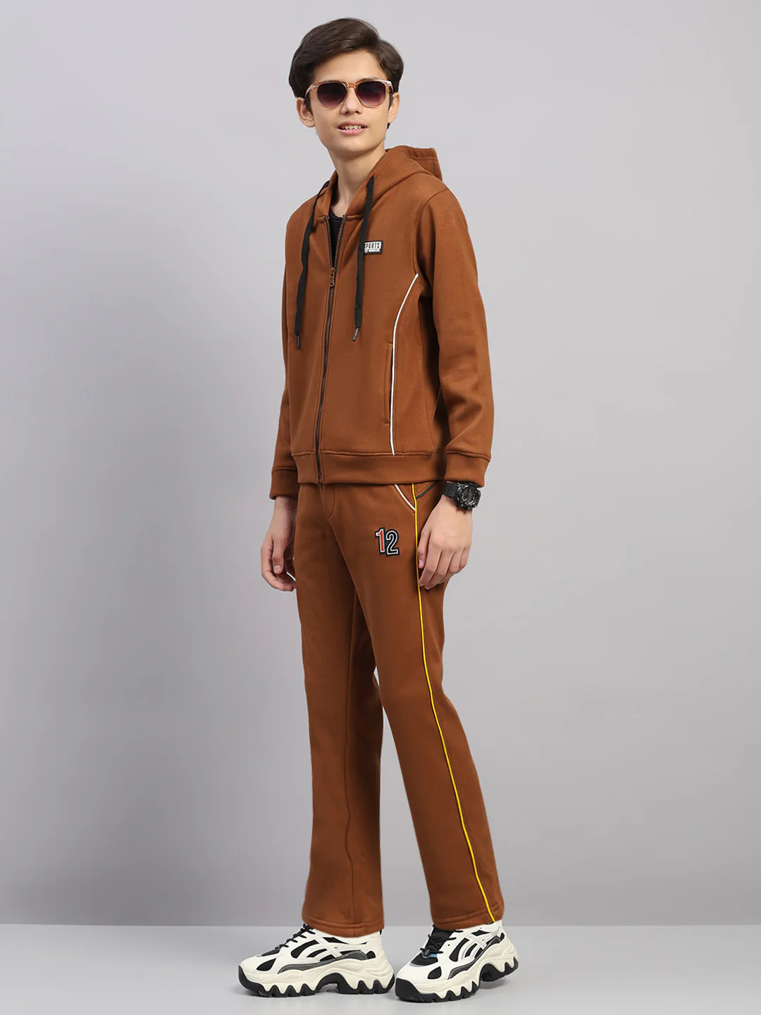 Boys Tan Embroidered Collar Full Sleeve Winter Tracksuit - Image 3