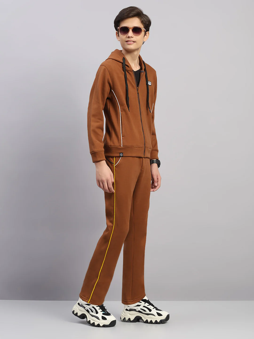 Boys Tan Embroidered Collar Full Sleeve Winter Tracksuit - Image 4