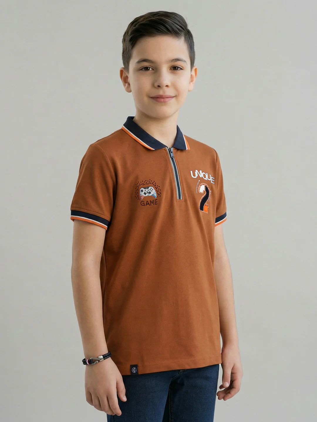 Boys Tan Printed Collar Half Sleeve T-Shirt - Image 3