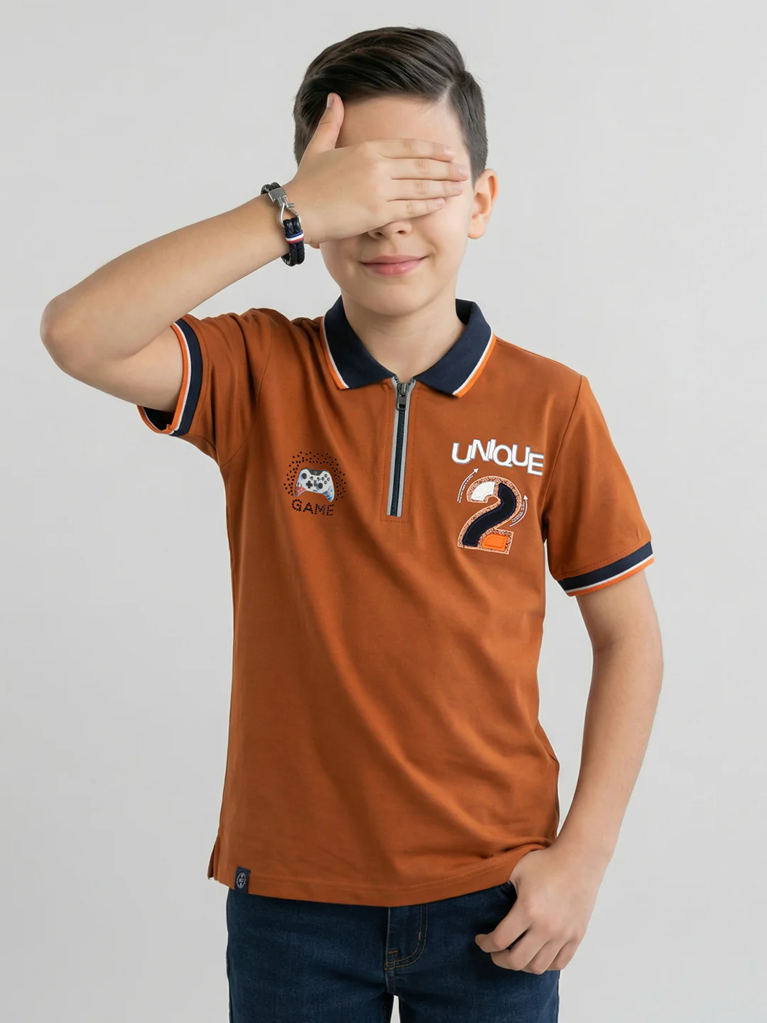 Boys Tan Printed Collar Half Sleeve T-Shirt - Image 5