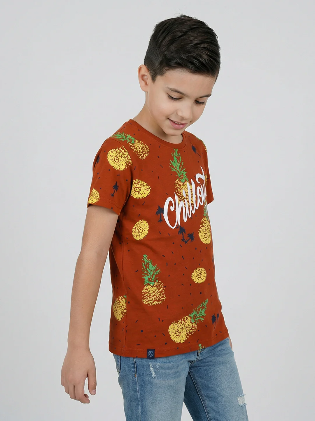 Boys Tan Printed Round Neck Half Sleeve T-Shirt - Image 2
