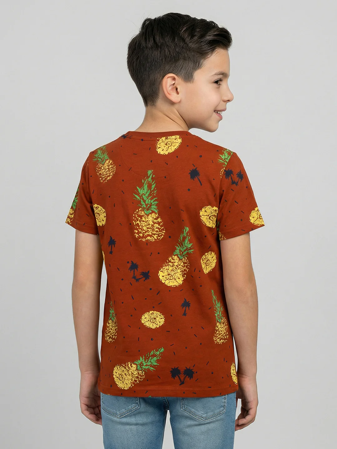 Boys Tan Printed Round Neck Half Sleeve T-Shirt - Image 4