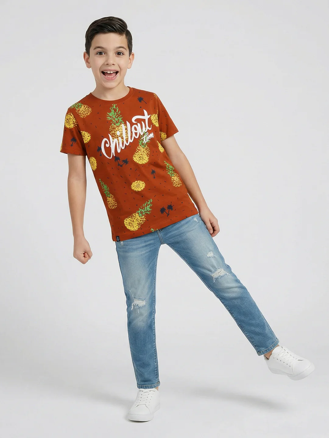 Boys Tan Printed Round Neck Half Sleeve T-Shirt - Image 5