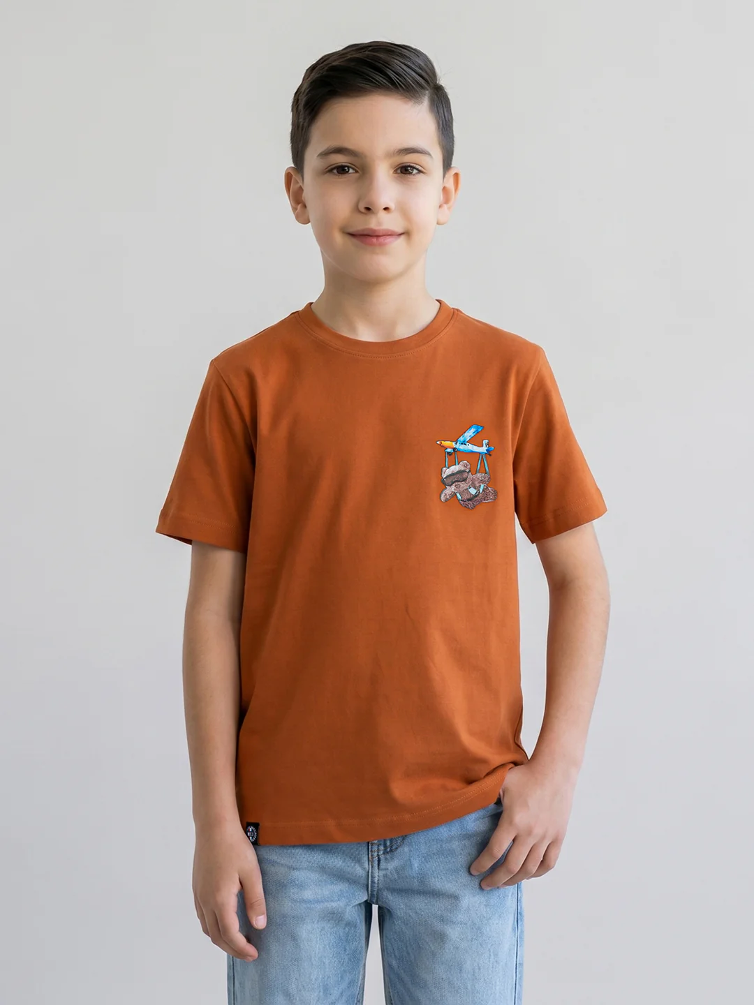 Boys Tan Printed Round Neck Half Sleeve T-Shirt