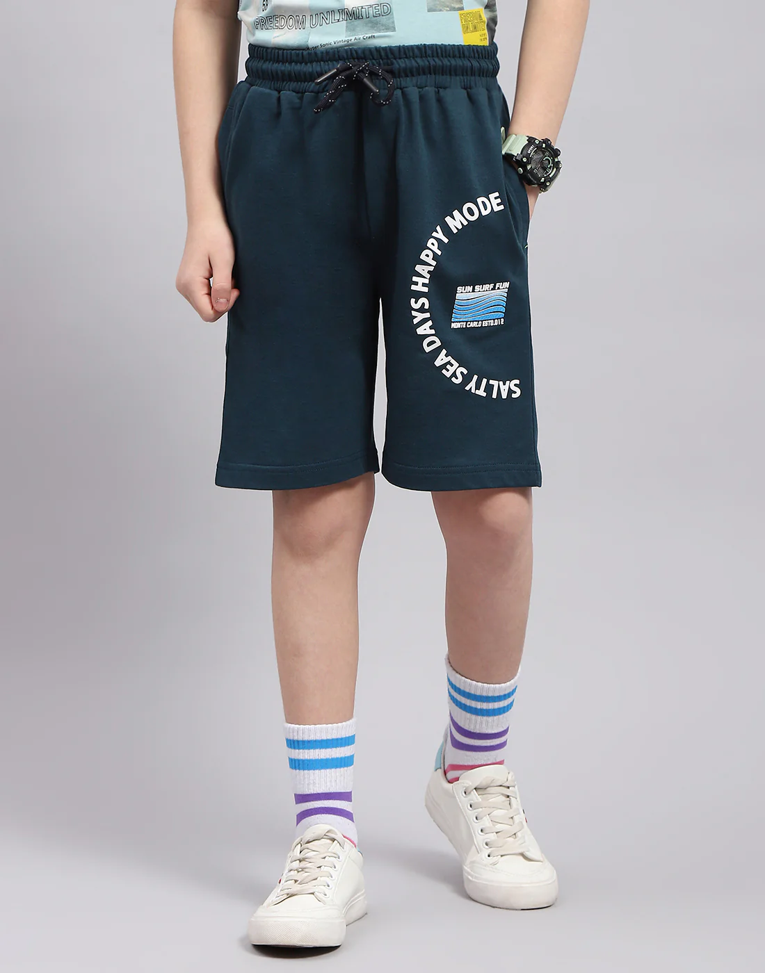 Boys Teal Blue Printed Bermuda - Image 2